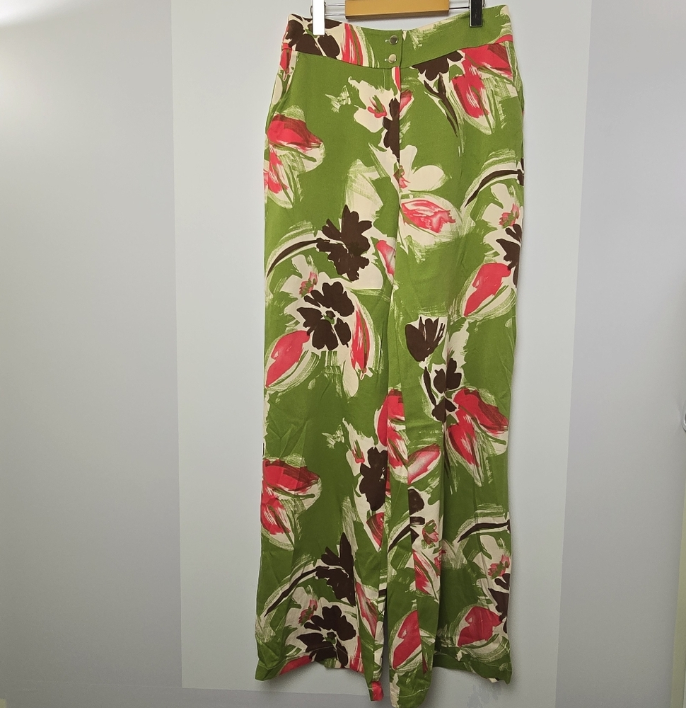 Phardi Floral Wide Leg High Waist Pants With Pockets, Sz L (Size 42)